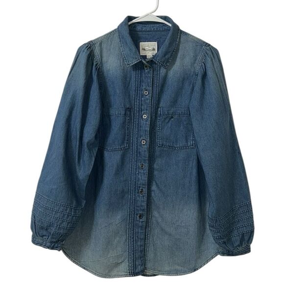 American Eagle Outfitters Denim Puff Sleeve Button Down Blue Top(Size Medium) - Picture 3 of 12